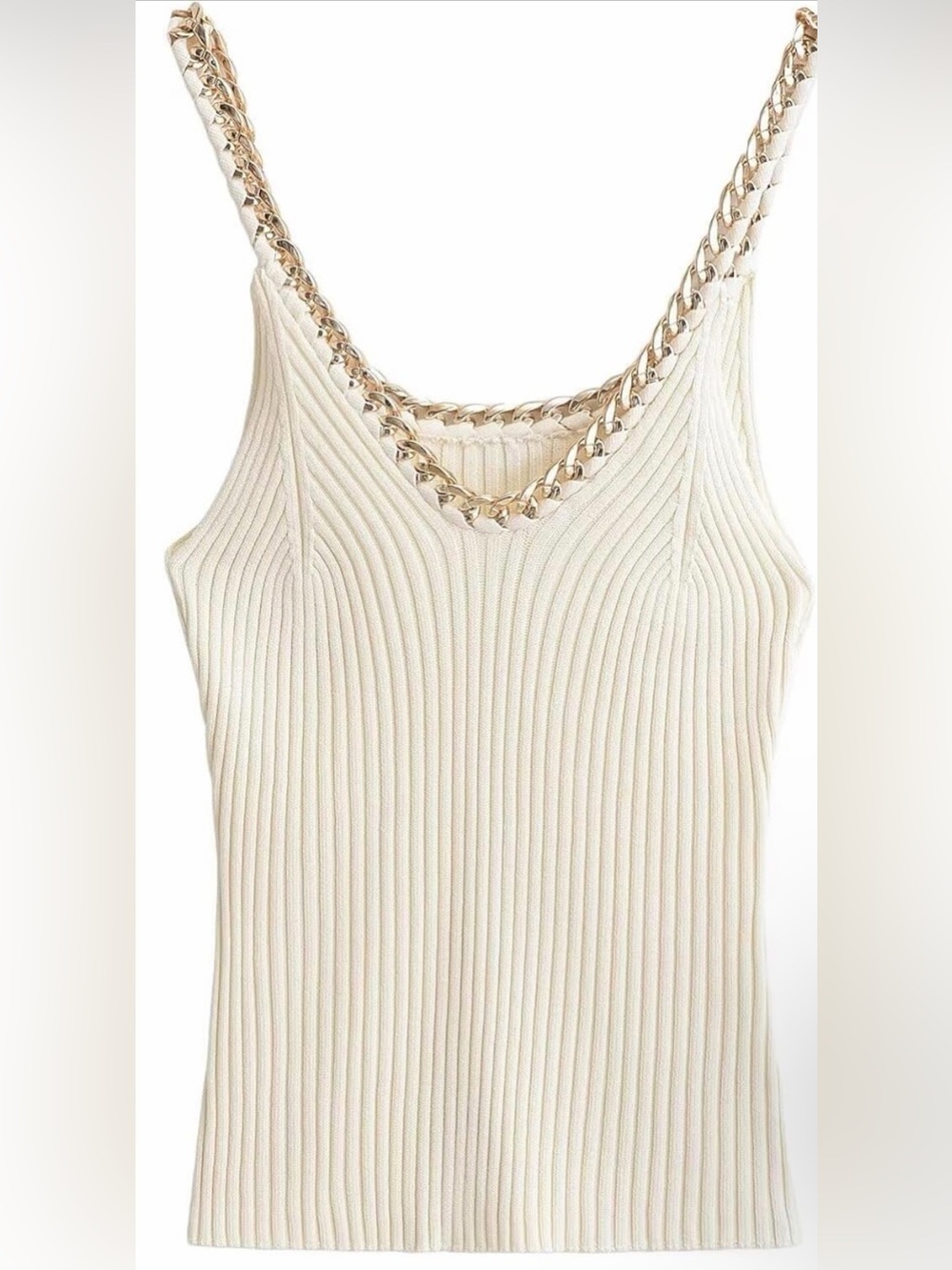 Chain-Trim Ribbed Tank Top in Cream